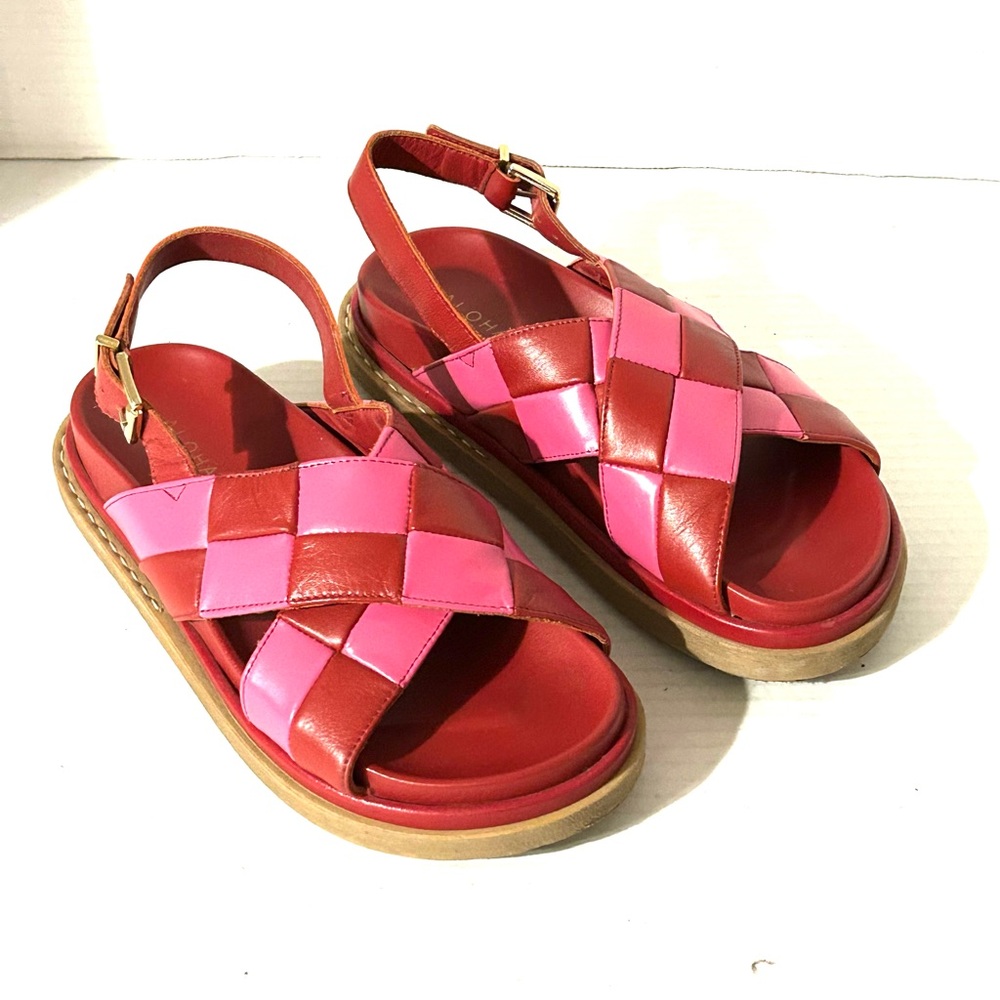 ALOHAS Marshmallow Scacchi Pink Red Checkered Leather Sandals Size 37 US 7